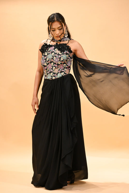 BLACK FLORAL EMBROIDERED BLOUSE & DRAPED SKIRT SET