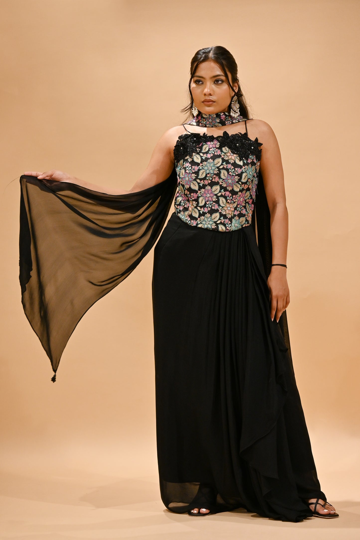 BLACK FLORAL EMBROIDERED BLOUSE & DRAPED SKIRT SET