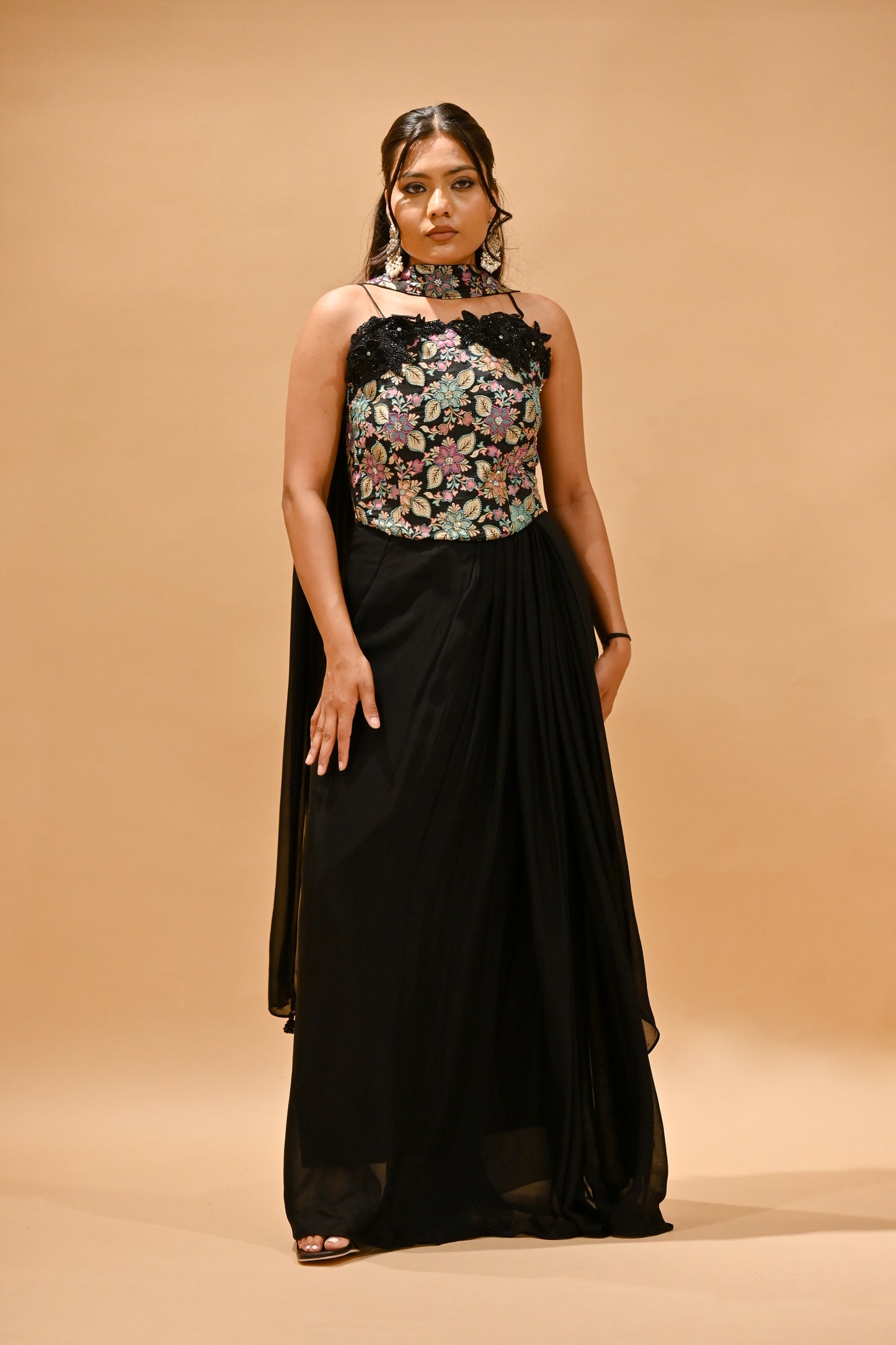 BLACK FLORAL EMBROIDERED BLOUSE & DRAPED SKIRT SET