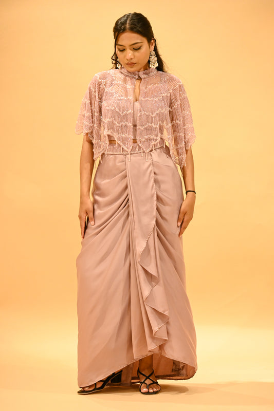 MAUVE CAPE BLOUSE & DRAPED SATIN SKIRT SET WITH PIPE BEAD EMBELLISHMENTS