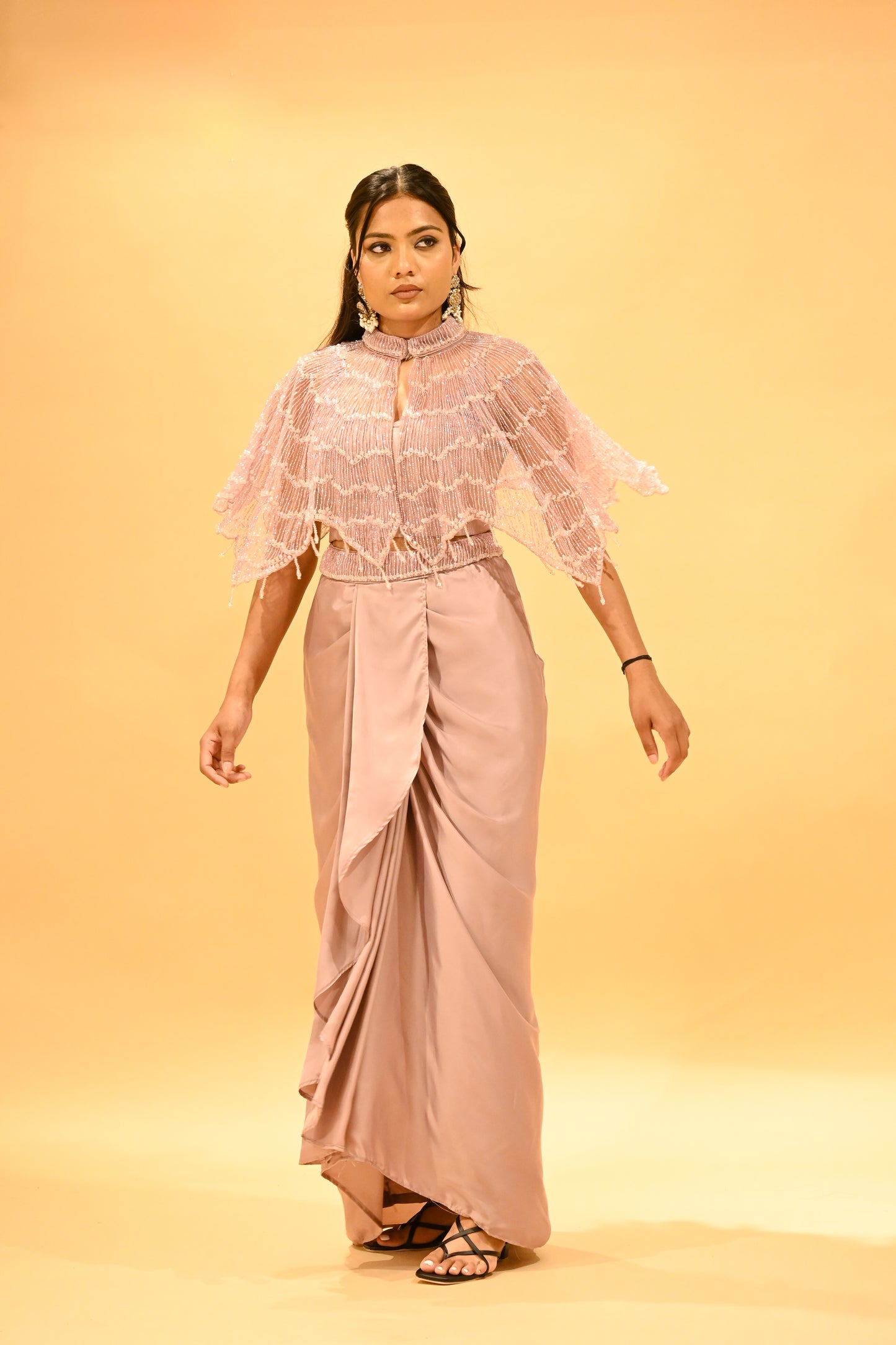 MAUVE CAPE BLOUSE & DRAPED SATIN SKIRT SET WITH PIPE BEAD EMBELLISHMENTS