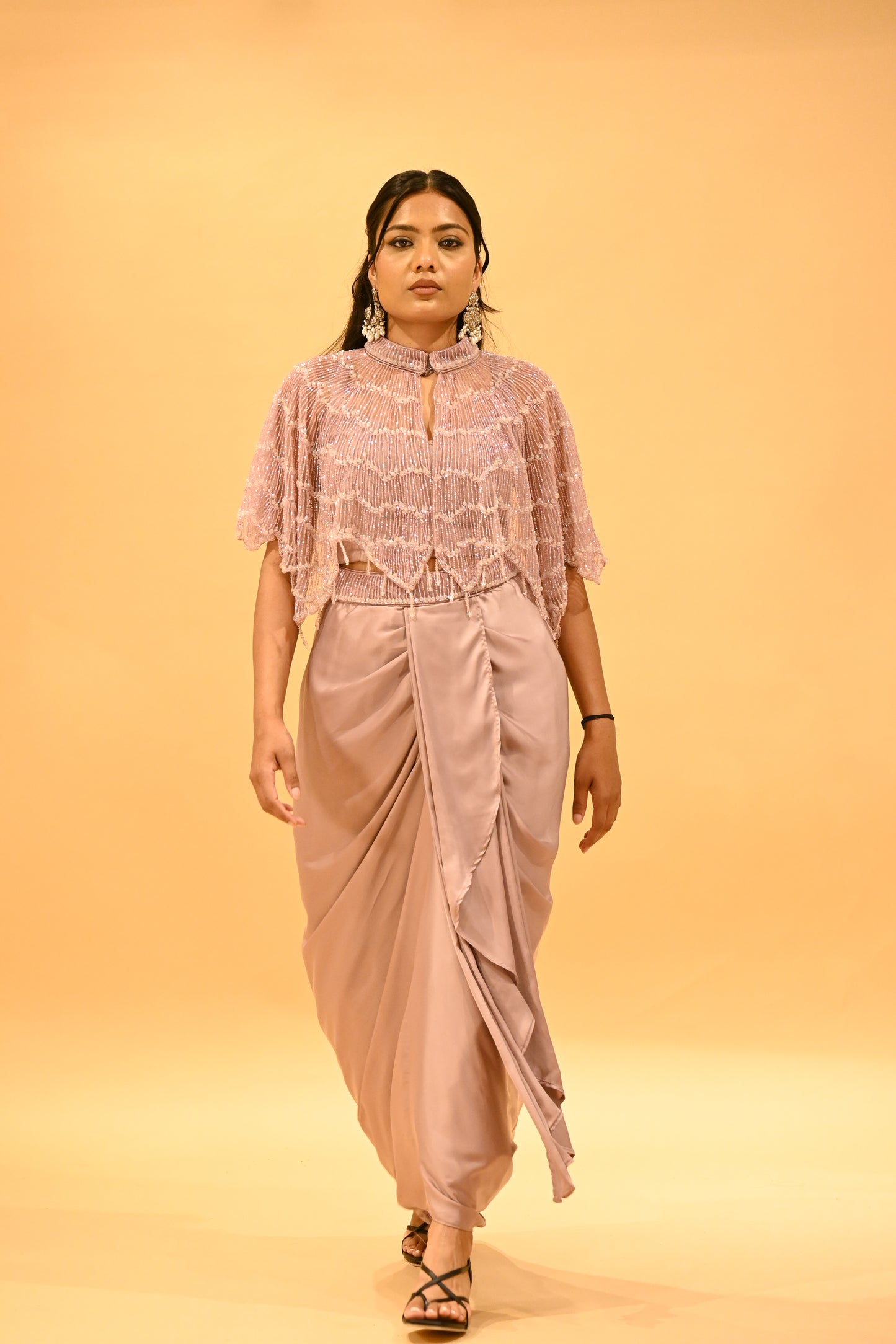 MAUVE CAPE BLOUSE & DRAPED SATIN SKIRT SET WITH PIPE BEAD EMBELLISHMENTS