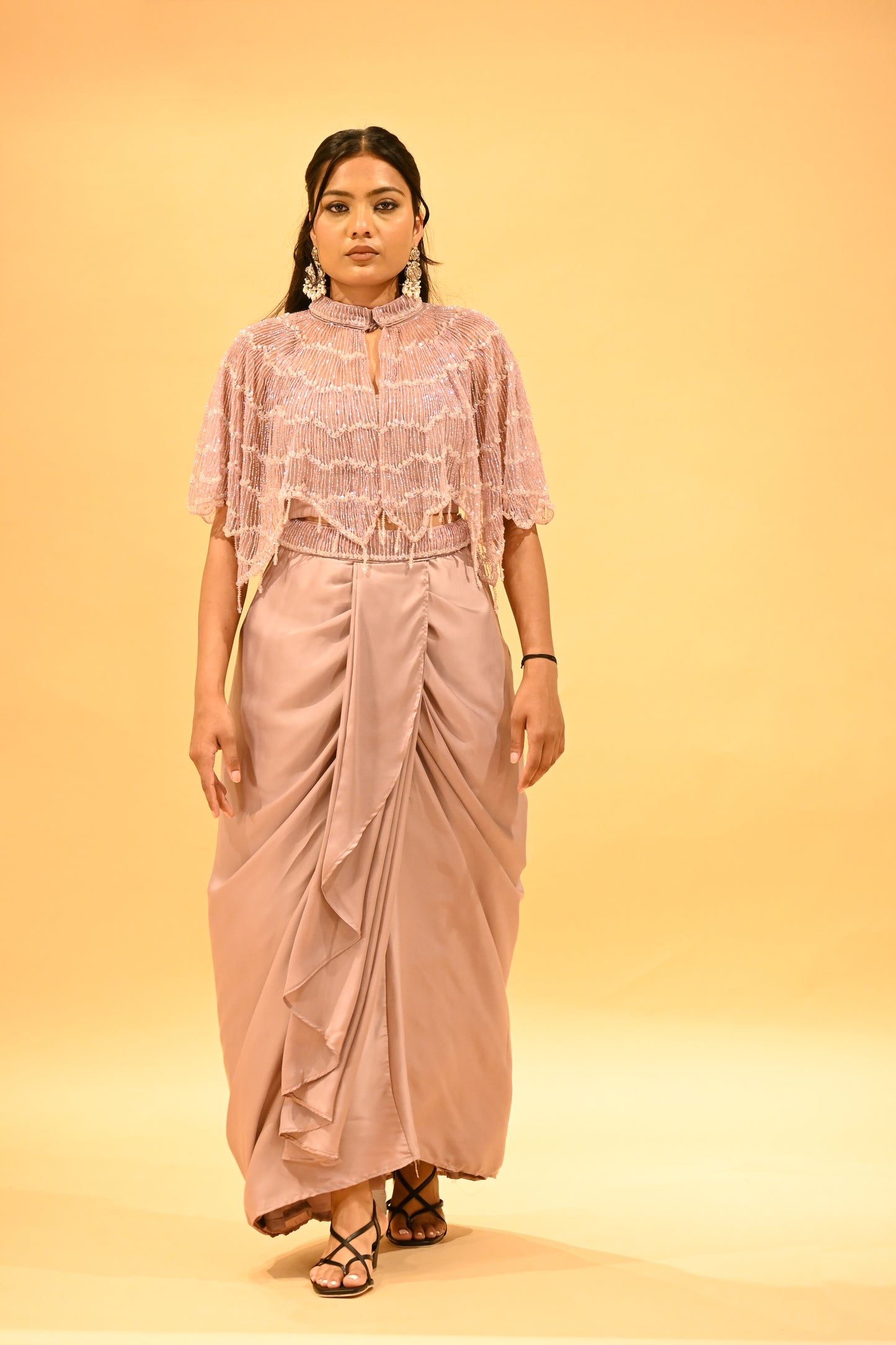 MAUVE CAPE BLOUSE & DRAPED SATIN SKIRT SET WITH PIPE BEAD EMBELLISHMENTS