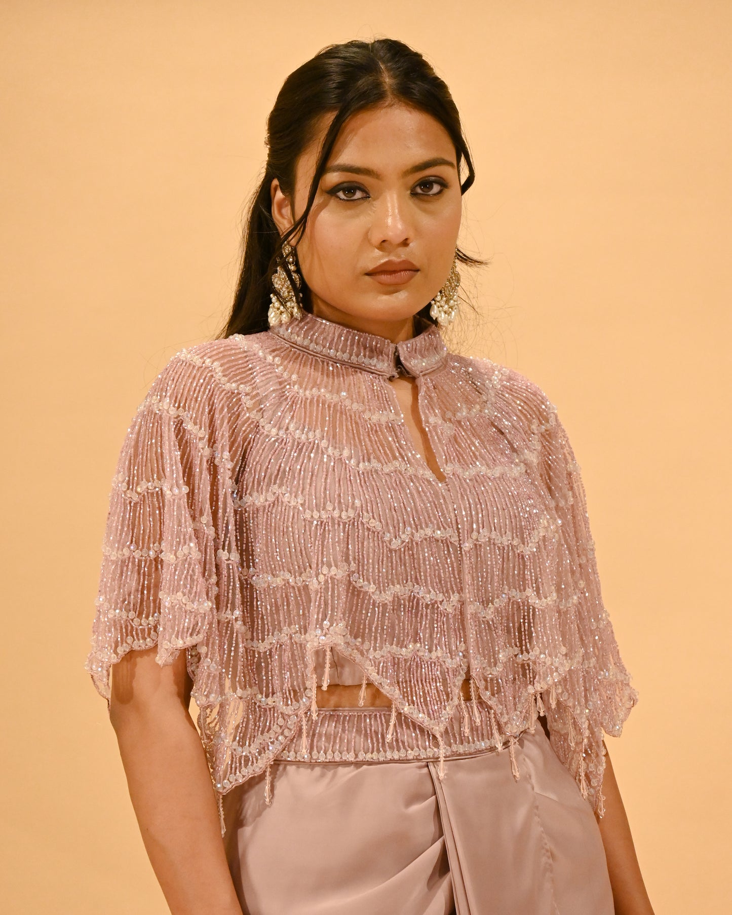 MAUVE CAPE BLOUSE & DRAPED SATIN SKIRT SET WITH PIPE BEAD EMBELLISHMENTS