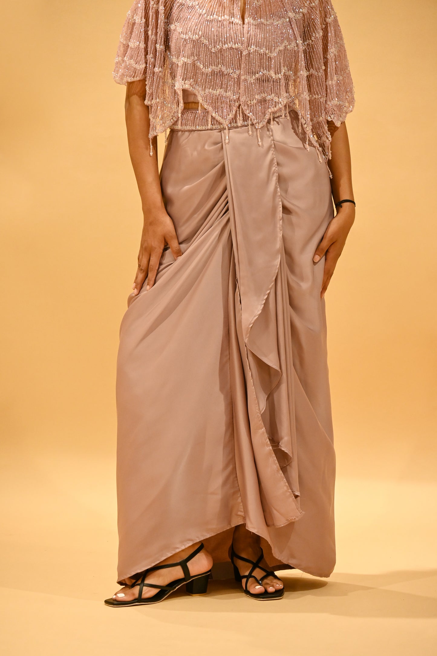 MAUVE CAPE BLOUSE & DRAPED SATIN SKIRT SET WITH PIPE BEAD EMBELLISHMENTS