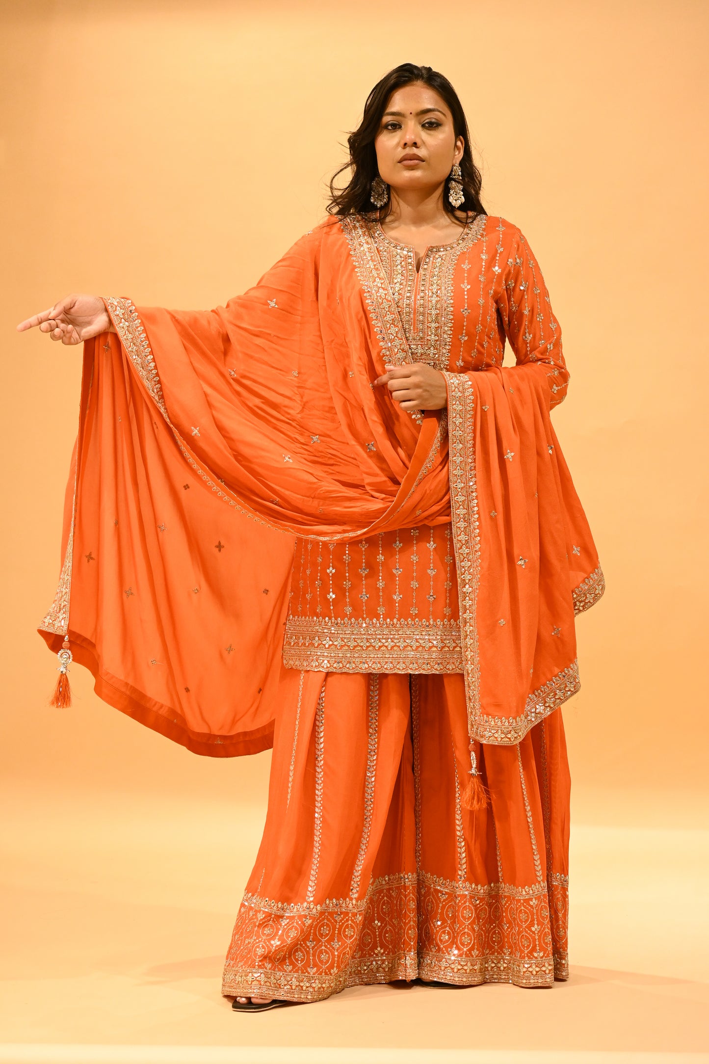 ORANGE EMBROIDERED STRAIGHT KURTA SHARARA SET WITH TASSELED DUPATTA