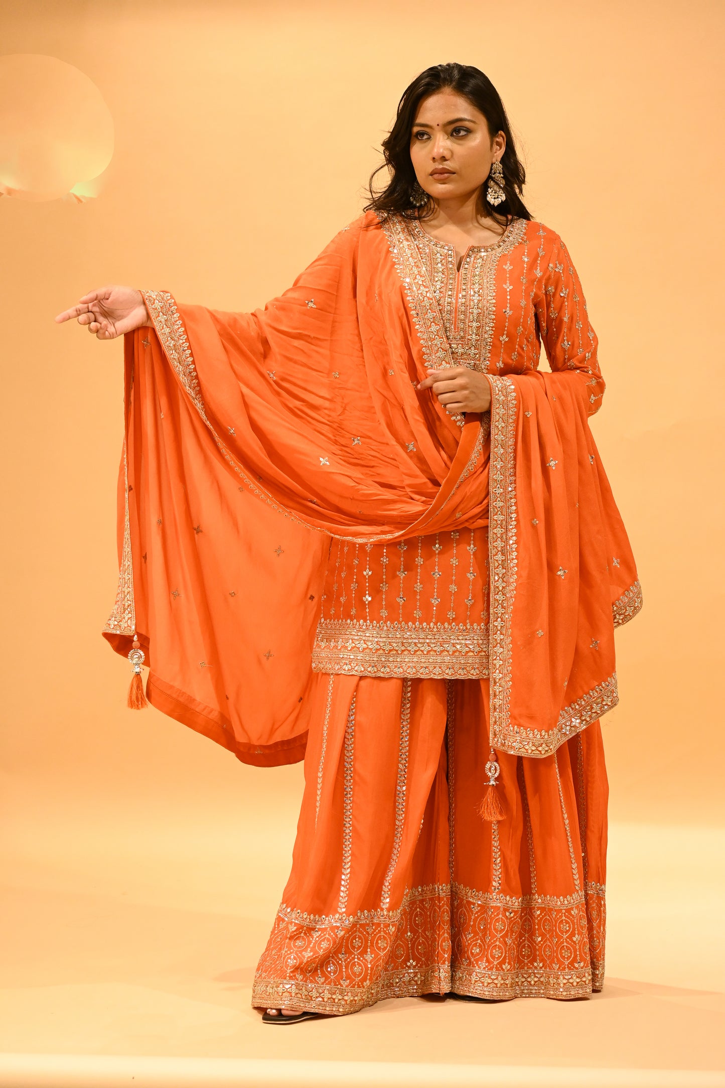 ORANGE EMBROIDERED STRAIGHT KURTA SHARARA SET WITH TASSELED DUPATTA