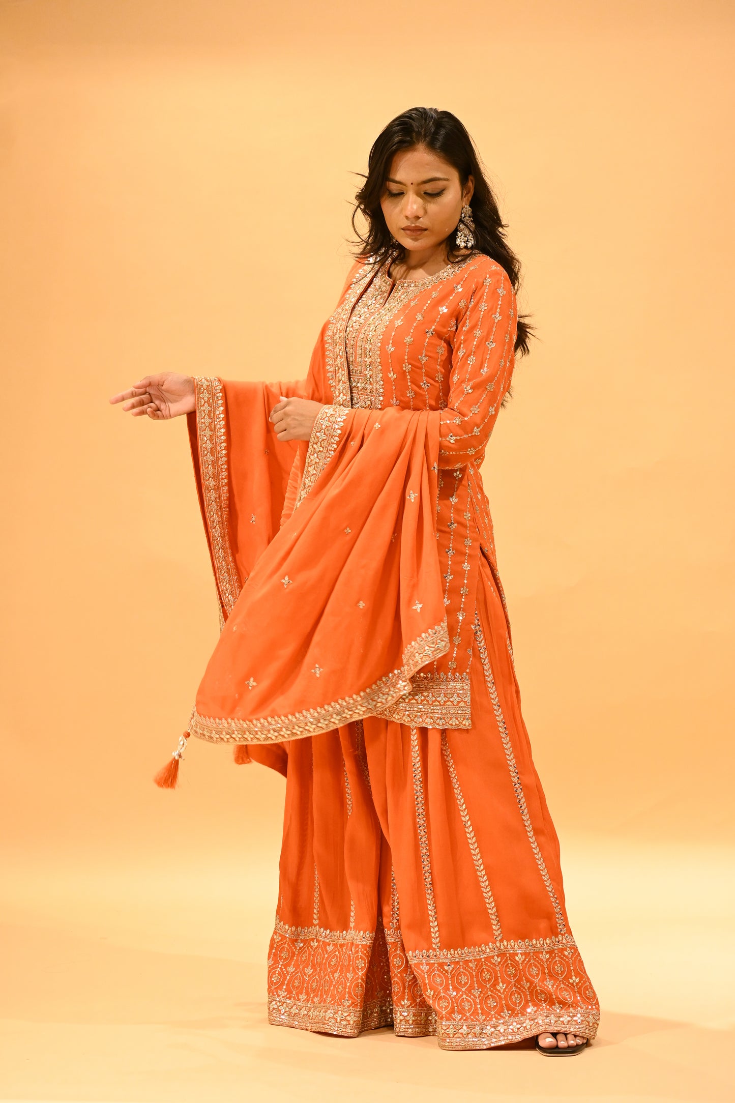 ORANGE EMBROIDERED STRAIGHT KURTA SHARARA SET WITH TASSELED DUPATTA