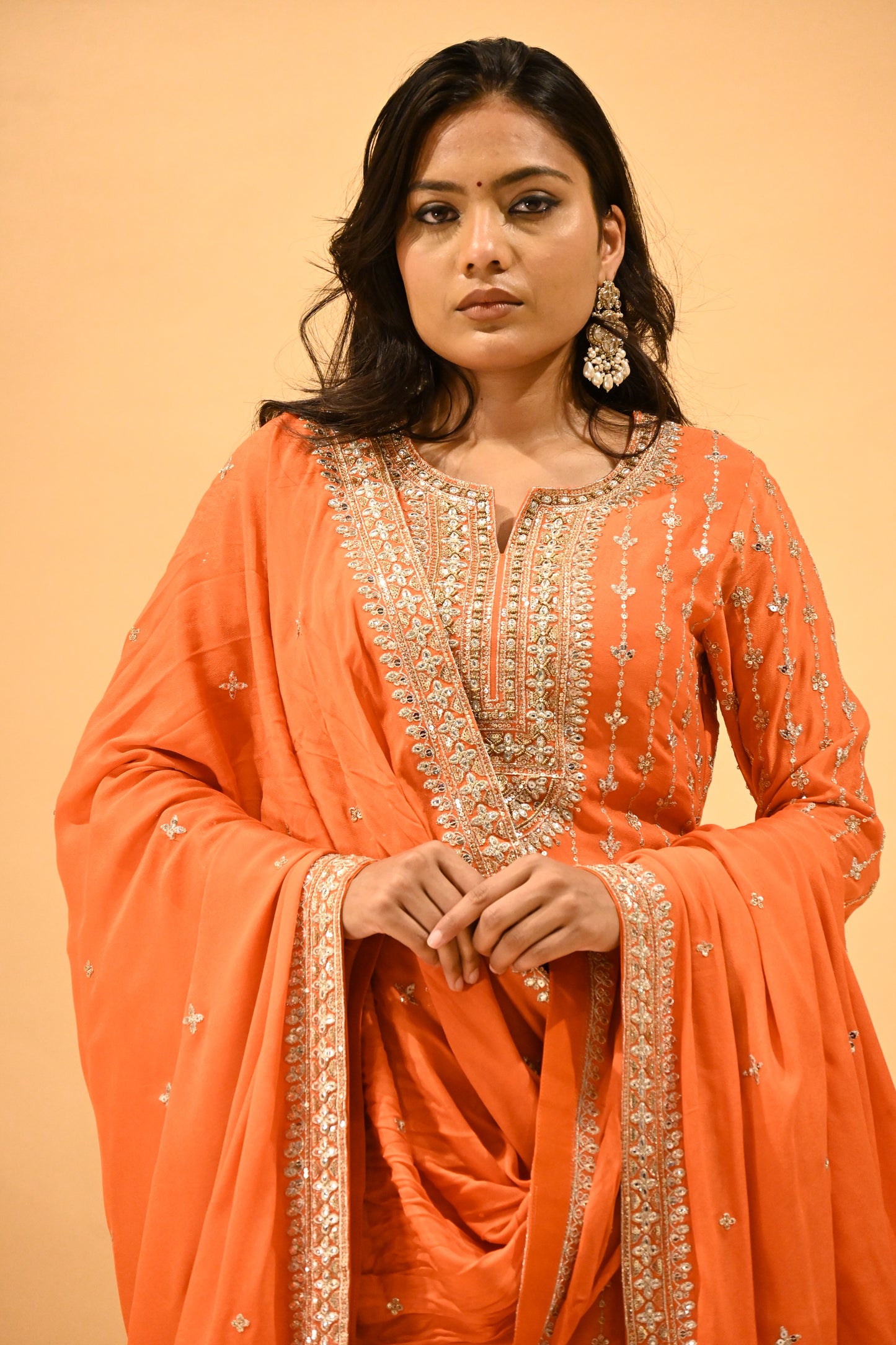 ORANGE EMBROIDERED STRAIGHT KURTA SHARARA SET WITH TASSELED DUPATTA
