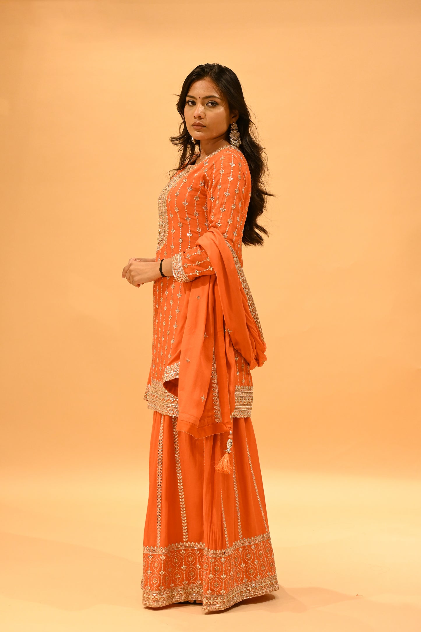 ORANGE EMBROIDERED STRAIGHT KURTA SHARARA SET WITH TASSELED DUPATTA