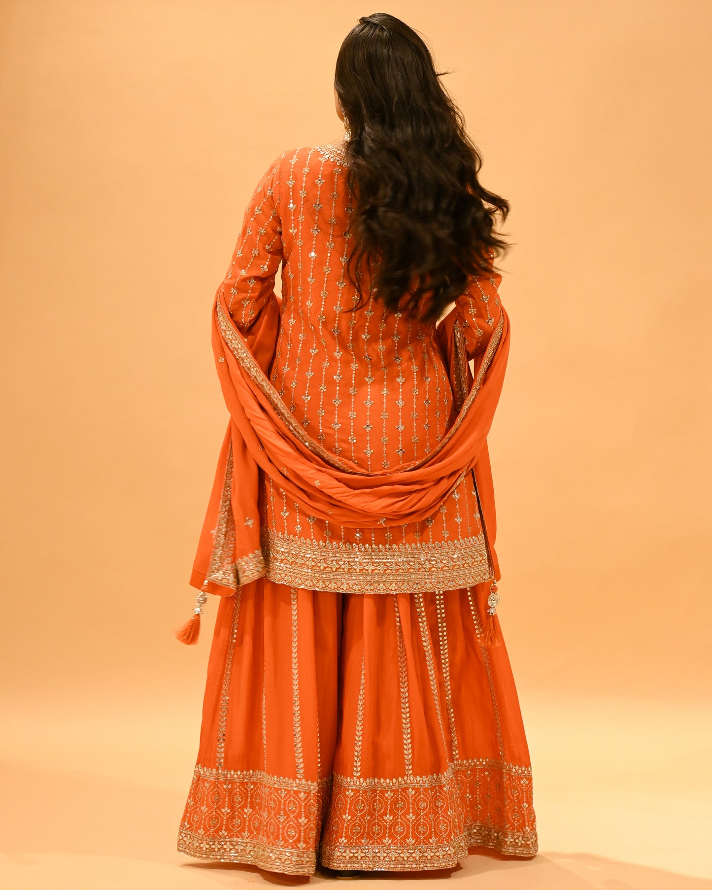 ORANGE EMBROIDERED STRAIGHT KURTA SHARARA SET WITH TASSELED DUPATTA