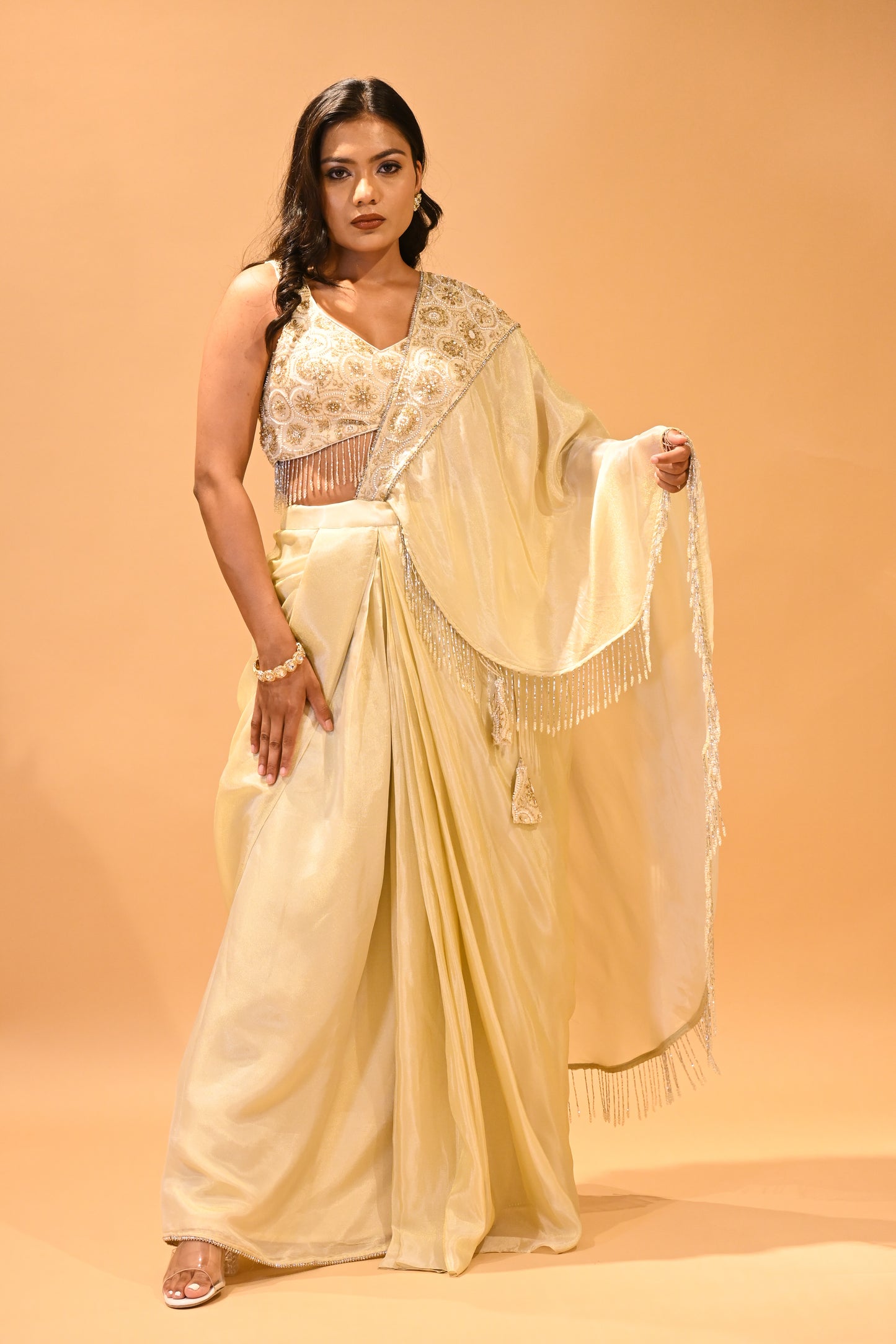 CHAMPAGNE GOLD CONTEMPORARY SAREE FEATURING EMBROIDERED BLOUSE, PALLA & FRINGE HIGHLIGHTS