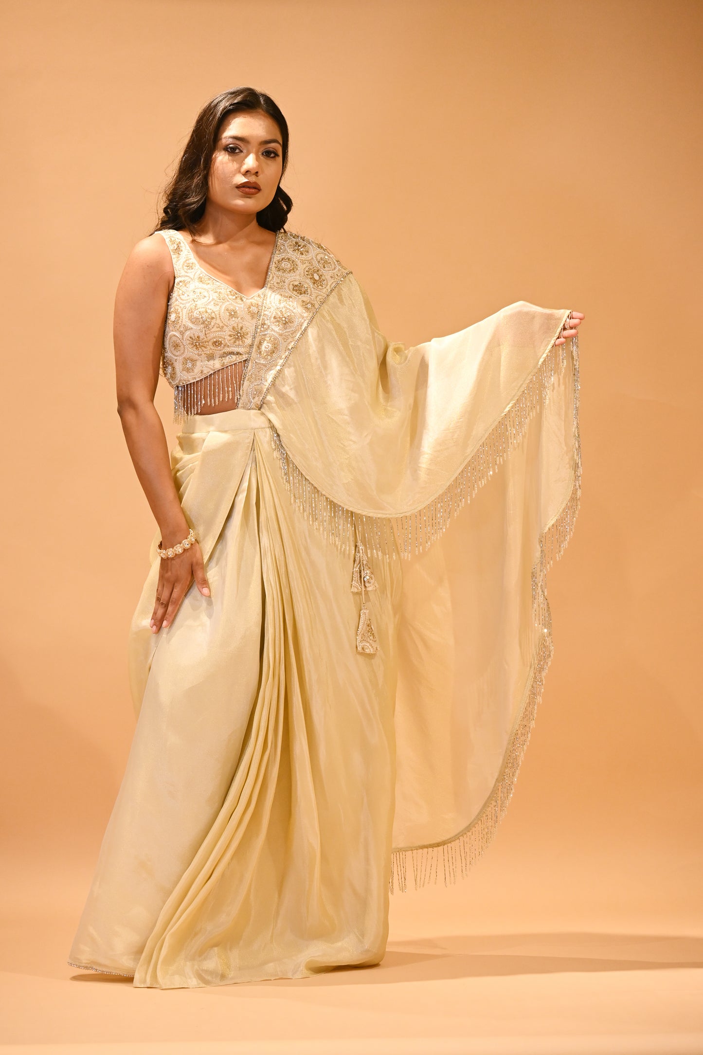 CHAMPAGNE GOLD CONTEMPORARY SAREE FEATURING EMBROIDERED BLOUSE, PALLA & FRINGE HIGHLIGHTS