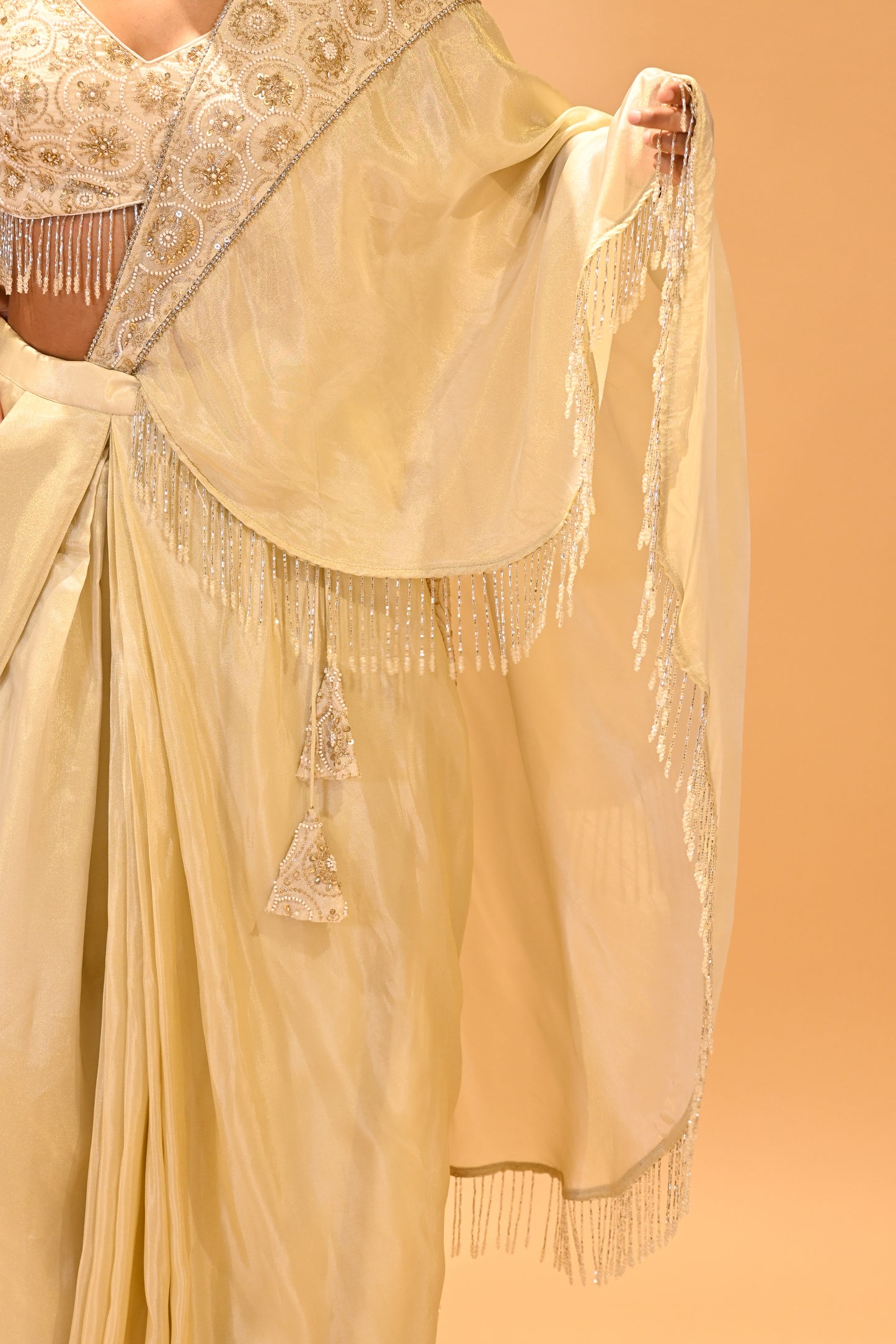 CHAMPAGNE GOLD CONTEMPORARY SAREE FEATURING EMBROIDERED BLOUSE, PALLA & FRINGE HIGHLIGHTS