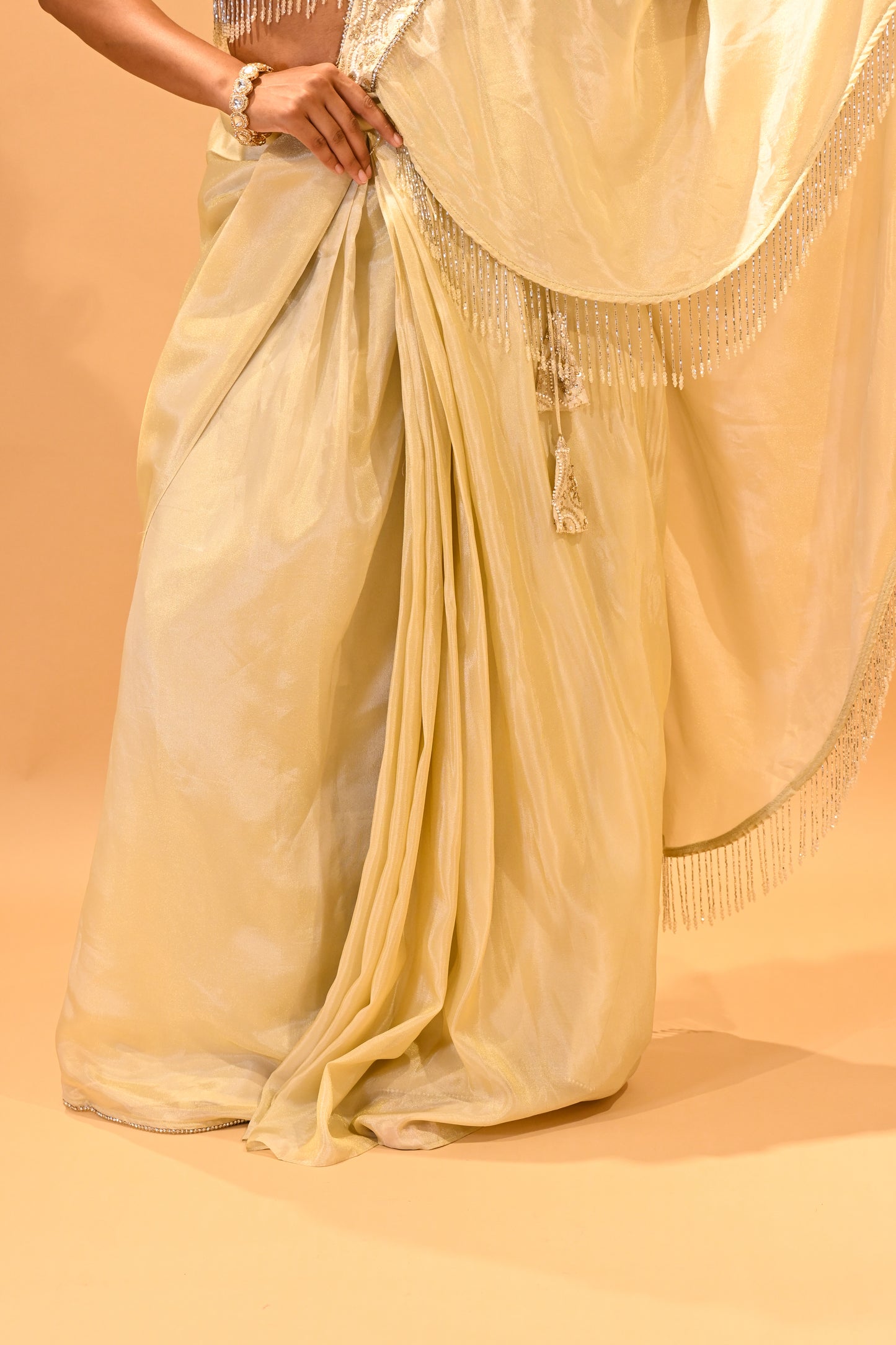 CHAMPAGNE GOLD CONTEMPORARY SAREE FEATURING EMBROIDERED BLOUSE, PALLA & FRINGE HIGHLIGHTS