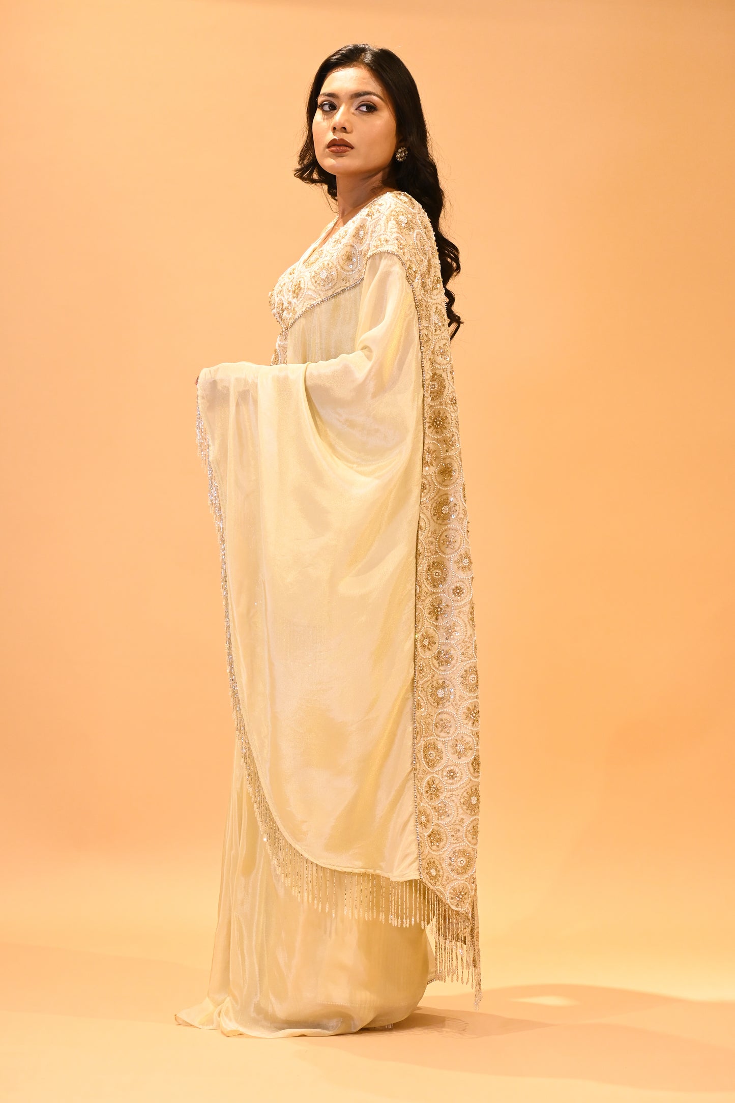 CHAMPAGNE GOLD CONTEMPORARY SAREE FEATURING EMBROIDERED BLOUSE, PALLA & FRINGE HIGHLIGHTS