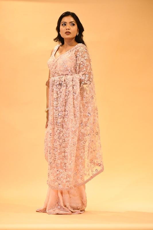 BLUSH PINK FLORAL EMBROIDERED NET SAREE