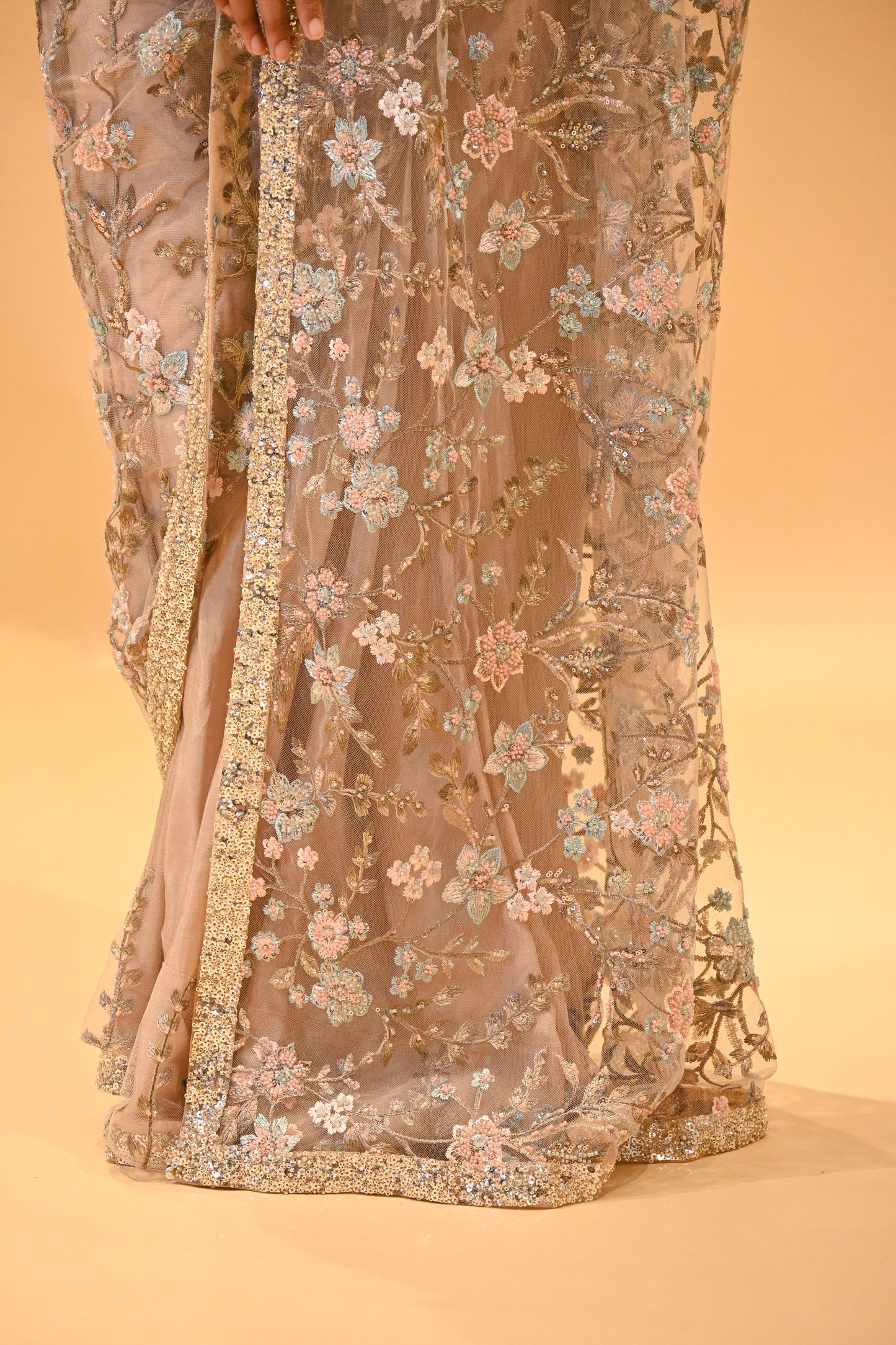 DUSTY ROSE BEIGE COLOUR FLORAL EMBROIDERED NET SAREE