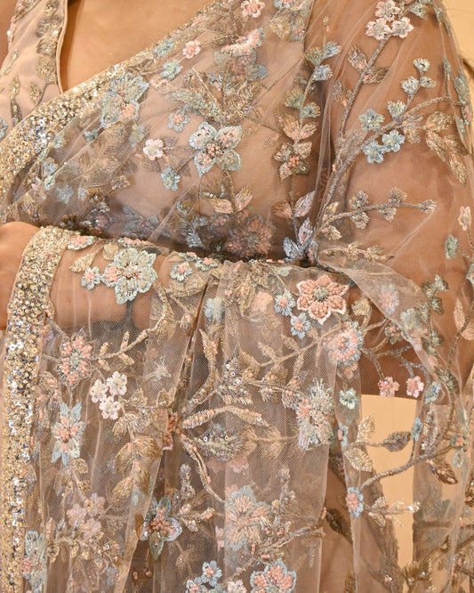 DUSTY ROSE BEIGE COLOUR FLORAL EMBROIDERED NET SAREE