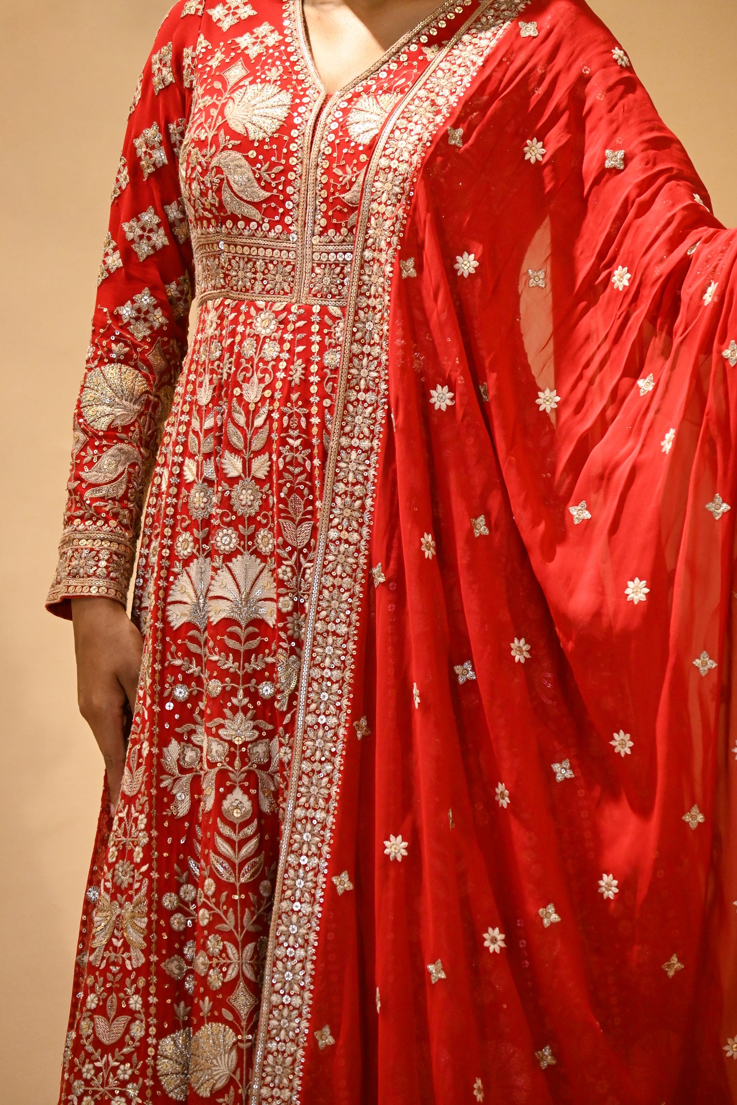 VERMILION RED EMBROIDERED ANARKALI WITH DUPATTA