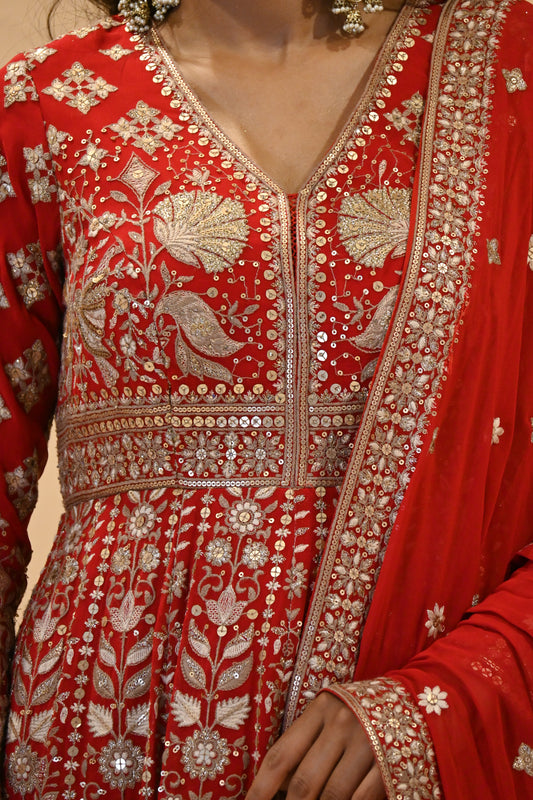 VERMILION RED EMBROIDERED ANARKALI WITH DUPATTA