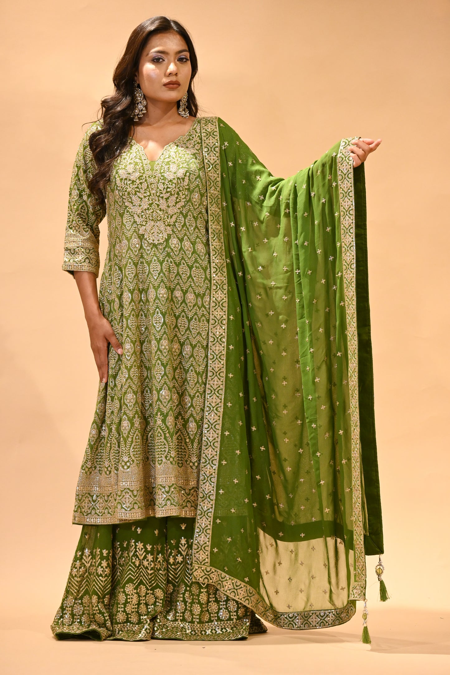 MEHENDI GREEN EMBROIDERED SHARARA SET WITH DUPATTA