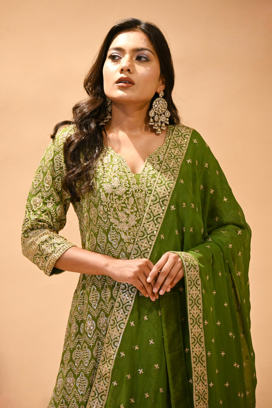 MEHENDI GREEN EMBROIDERED SHARARA SET WITH DUPATTA