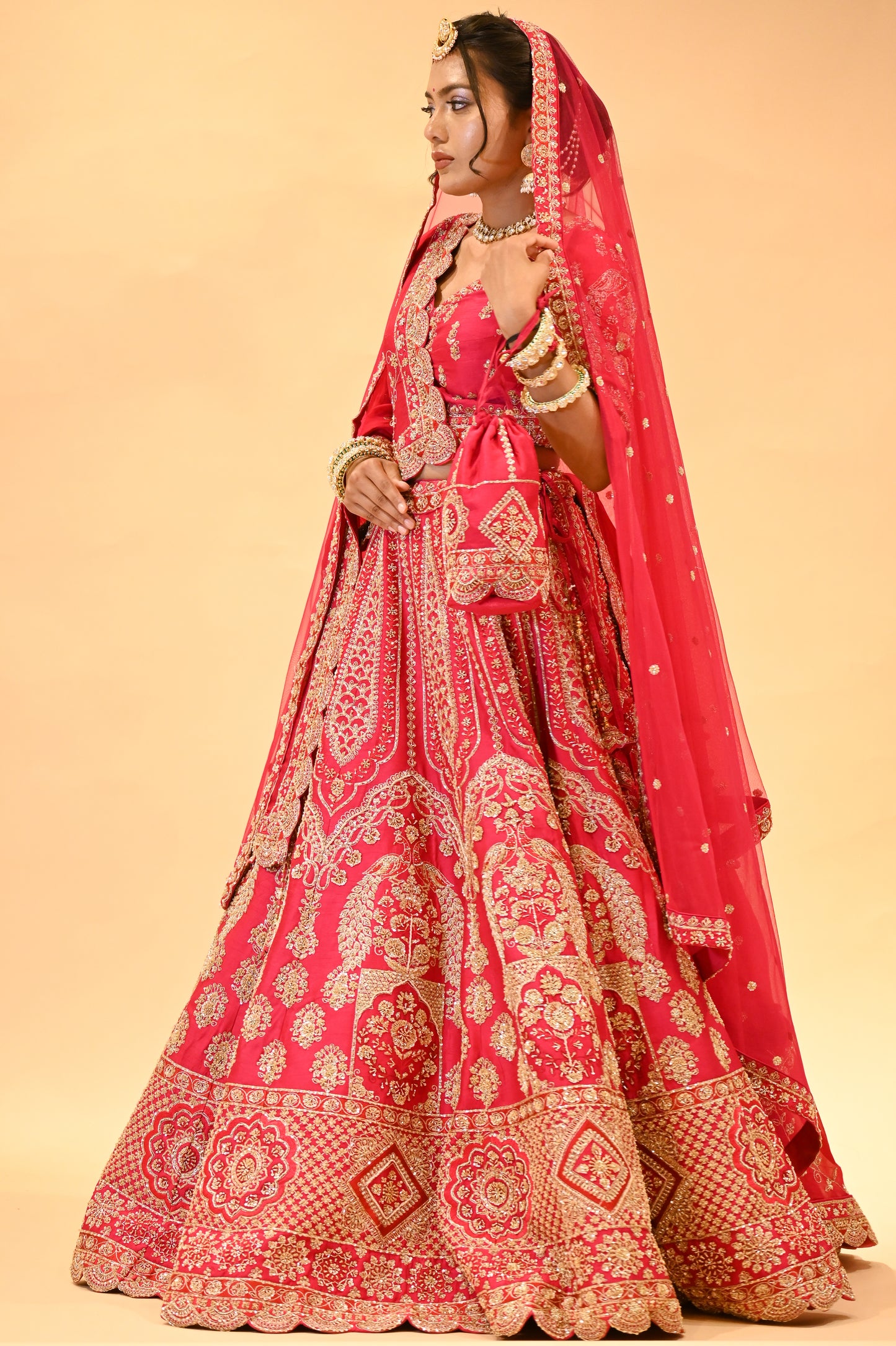BRIDAL PINK HAND-EMBROIDERED LEHENGA SET WITH DOUBLE DUPATTA & MATCHING POTLI BAG