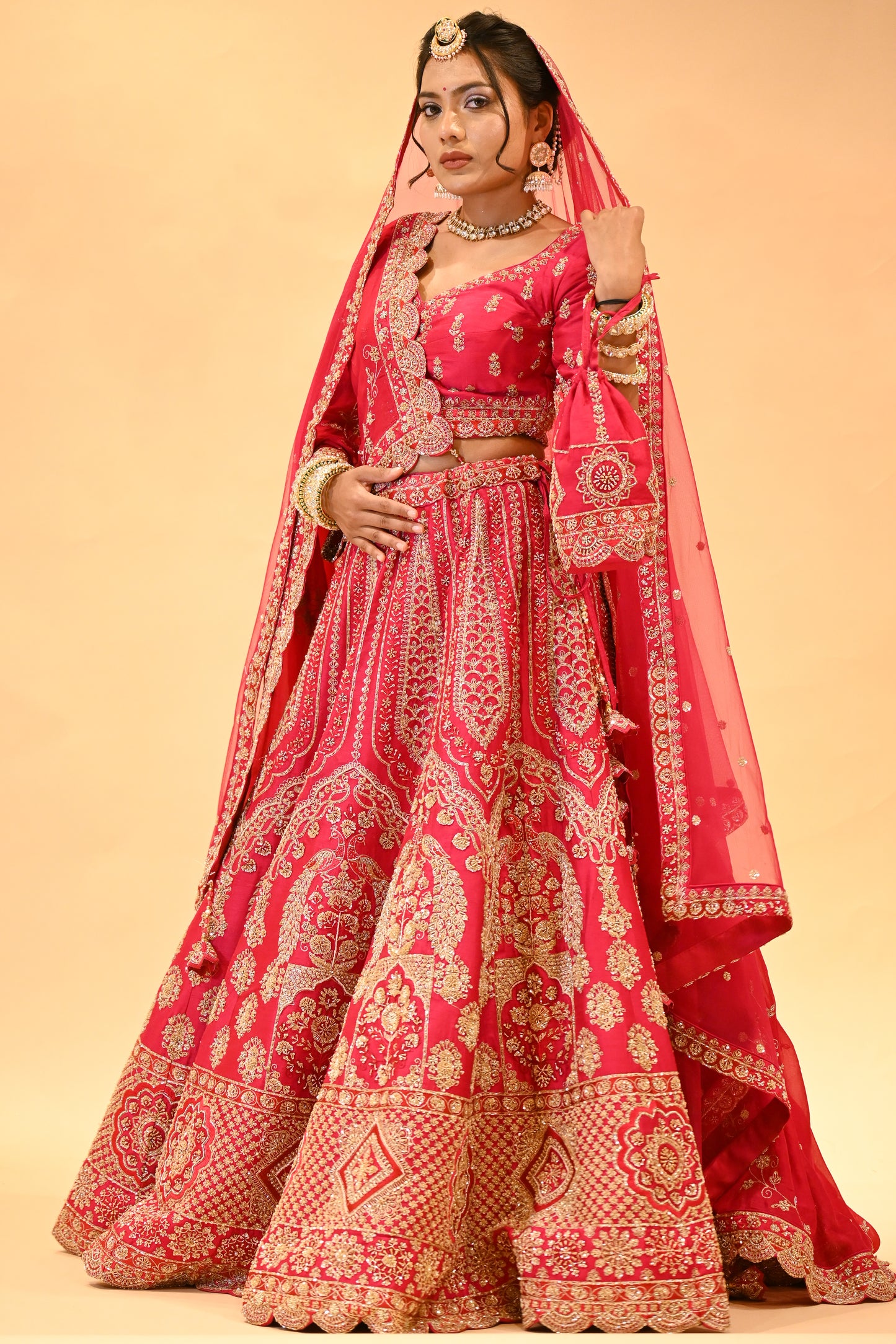 BRIDAL PINK HAND-EMBROIDERED LEHENGA SET WITH DOUBLE DUPATTA & MATCHING POTLI BAG