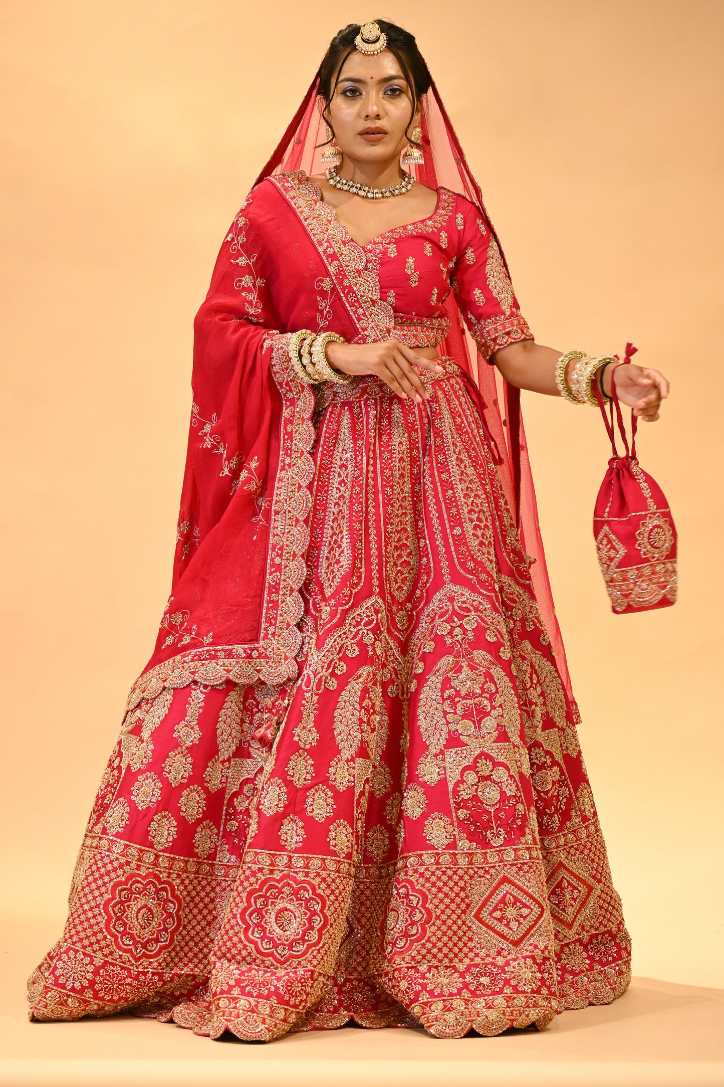 BRIDAL PINK HAND-EMBROIDERED LEHENGA SET WITH DOUBLE DUPATTA & MATCHING POTLI BAG