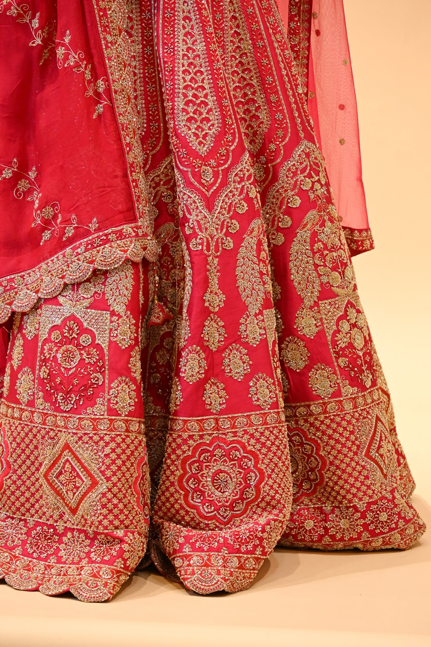 BRIDAL PINK HAND-EMBROIDERED LEHENGA SET WITH DOUBLE DUPATTA & MATCHING POTLI BAG