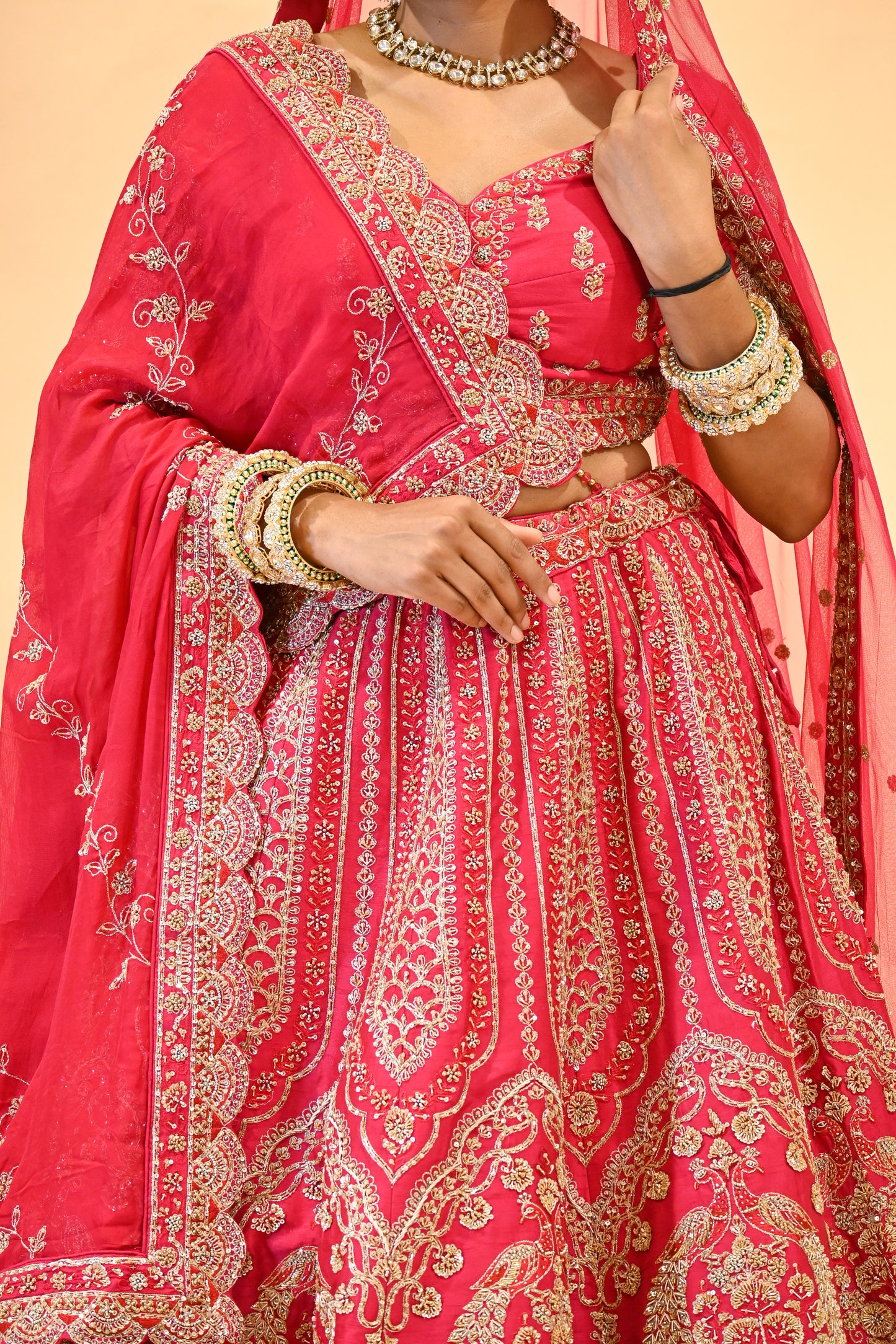 BRIDAL PINK HAND-EMBROIDERED LEHENGA SET WITH DOUBLE DUPATTA & MATCHING POTLI BAG