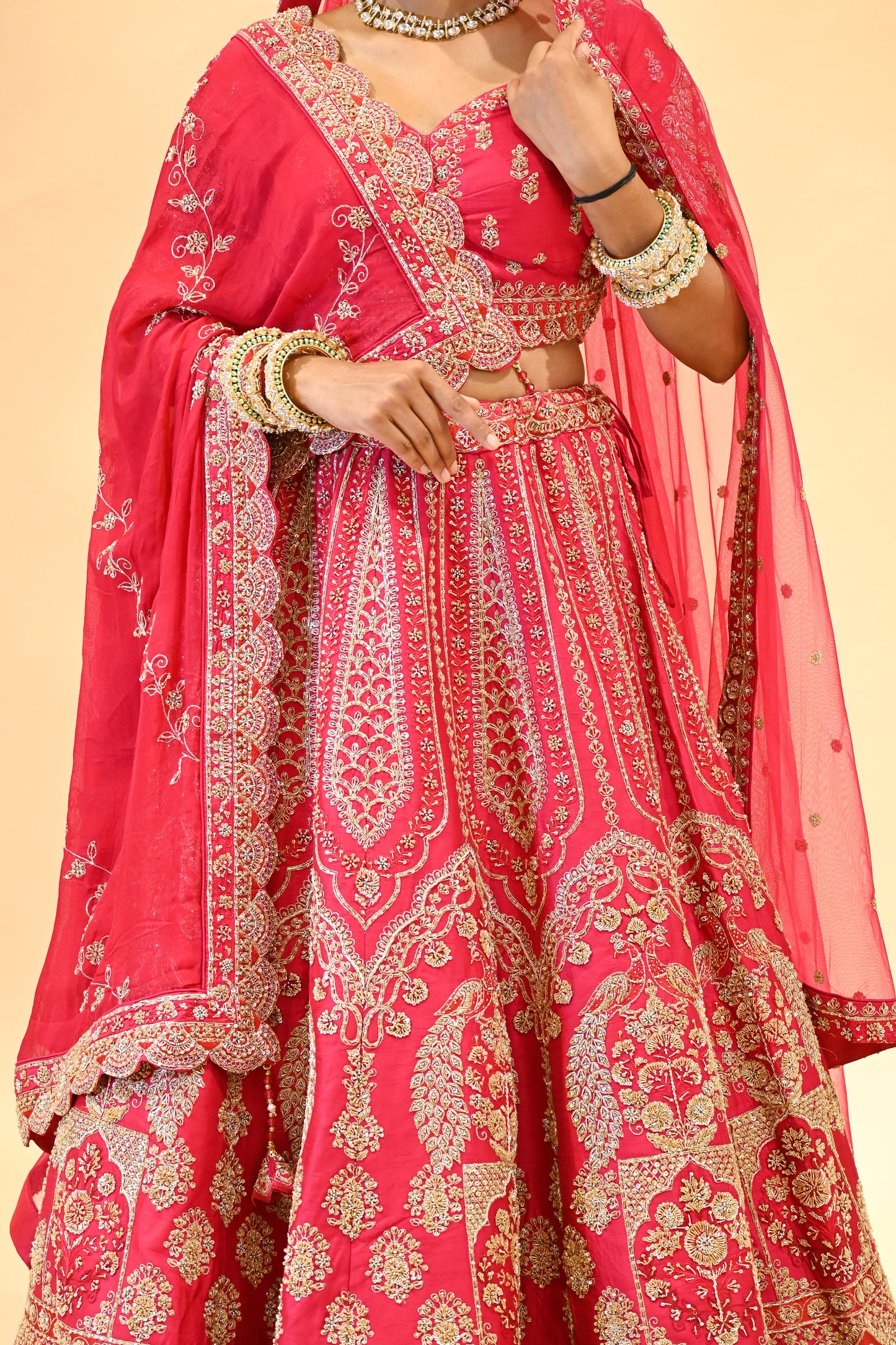 BRIDAL PINK HAND-EMBROIDERED LEHENGA SET WITH DOUBLE DUPATTA & MATCHING POTLI BAG