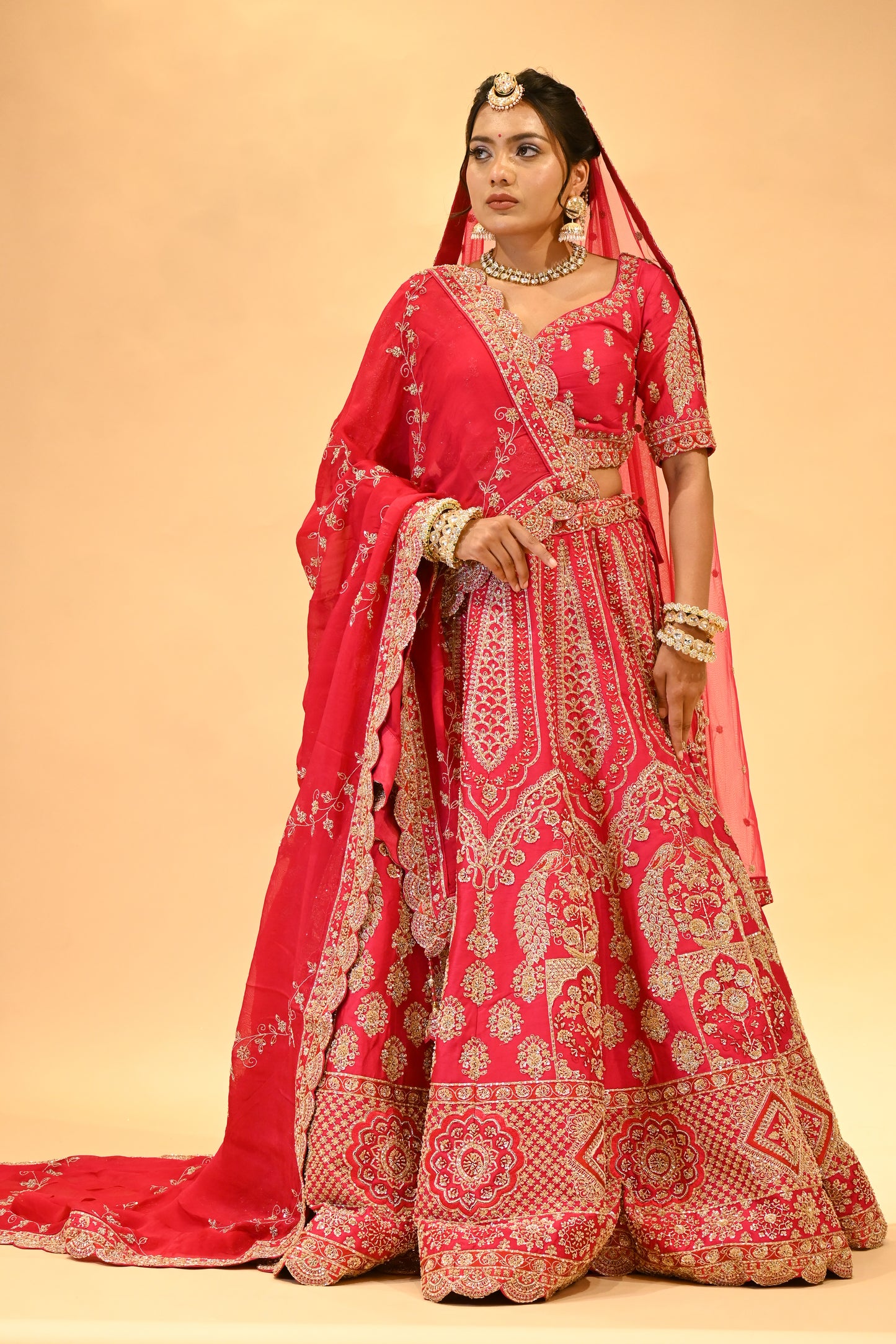BRIDAL PINK HAND-EMBROIDERED LEHENGA SET WITH DOUBLE DUPATTA & MATCHING POTLI BAG