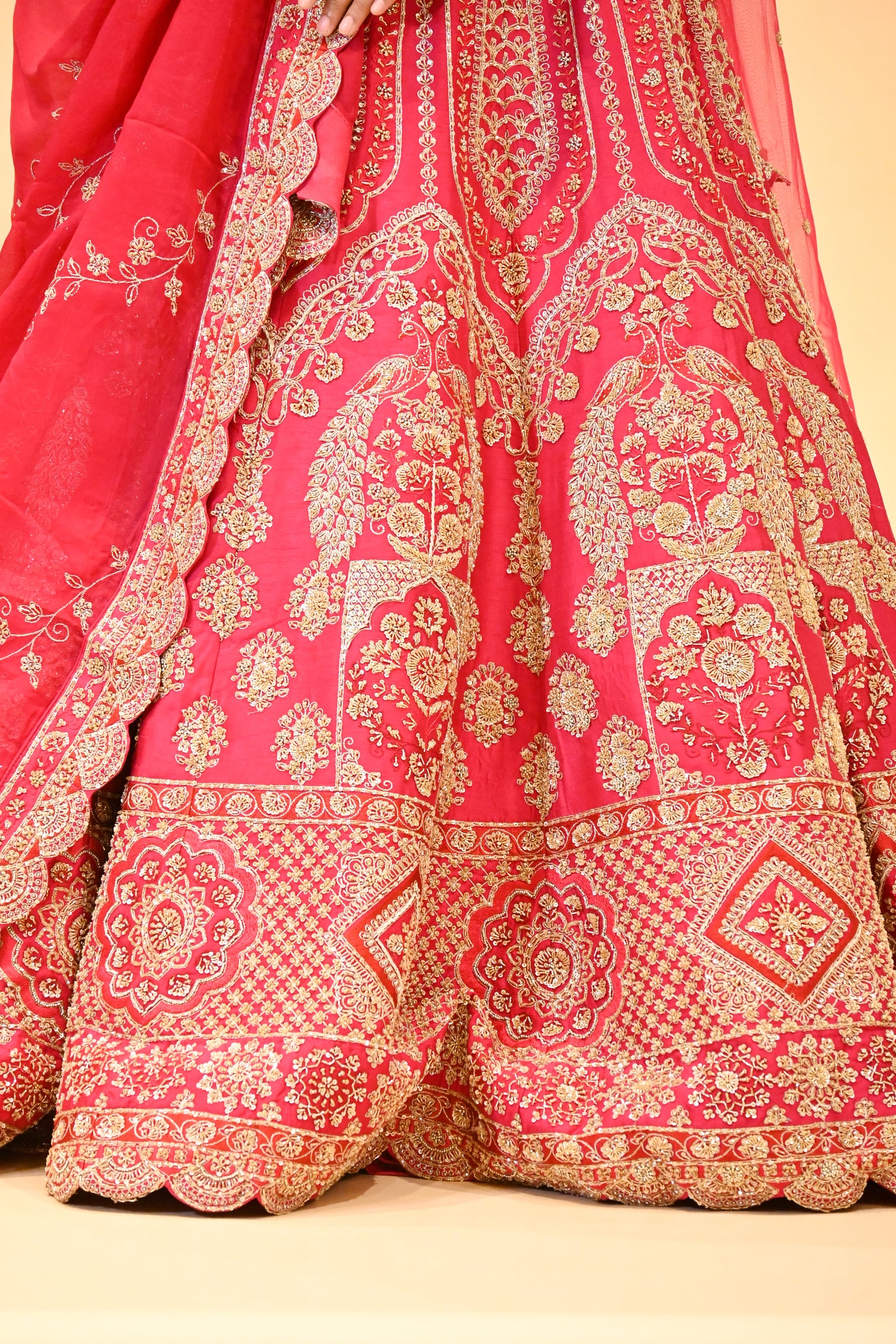 BRIDAL PINK HAND-EMBROIDERED LEHENGA SET WITH DOUBLE DUPATTA & MATCHING POTLI BAG