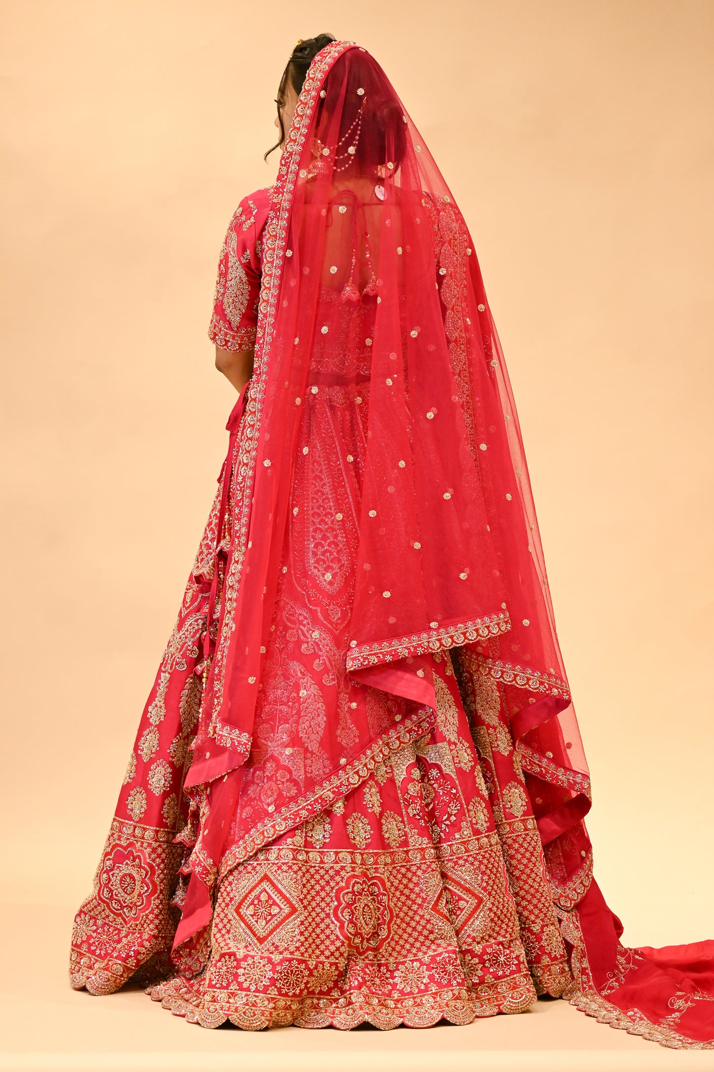 BRIDAL PINK HAND-EMBROIDERED LEHENGA SET WITH DOUBLE DUPATTA & MATCHING POTLI BAG