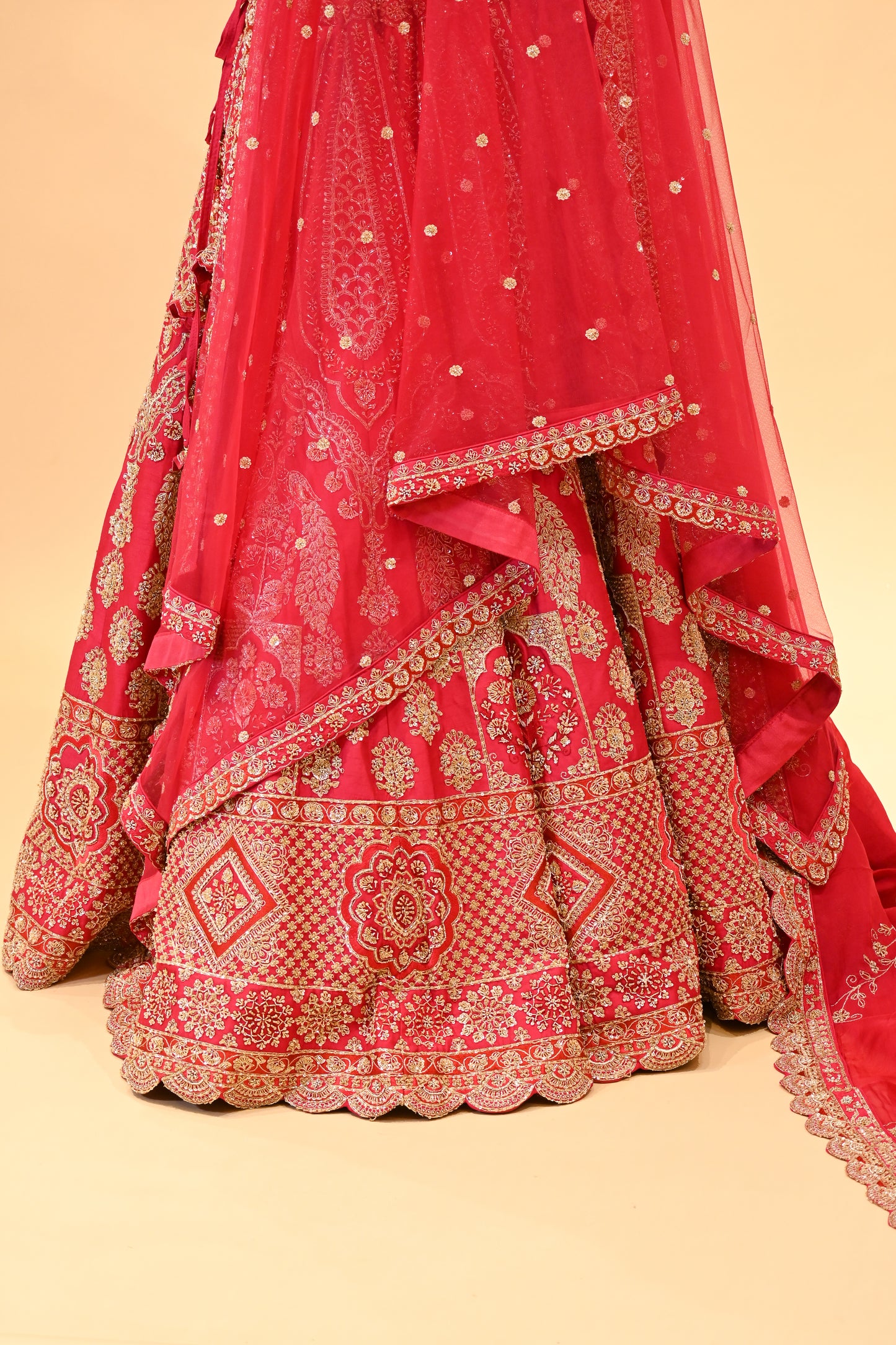 BRIDAL PINK HAND-EMBROIDERED LEHENGA SET WITH DOUBLE DUPATTA & MATCHING POTLI BAG