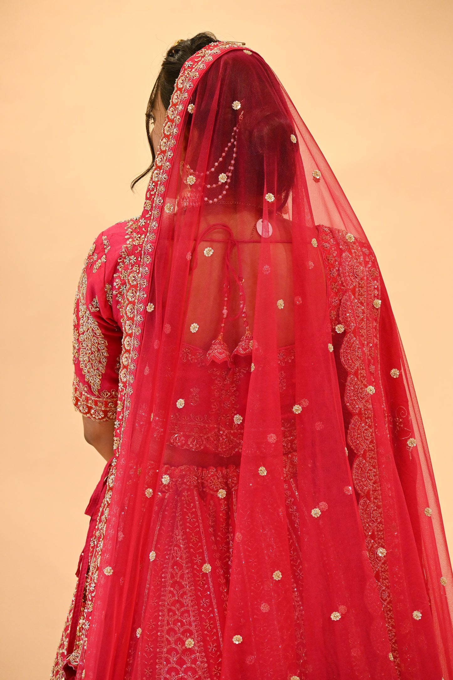 BRIDAL PINK HAND-EMBROIDERED LEHENGA SET WITH DOUBLE DUPATTA & MATCHING POTLI BAG