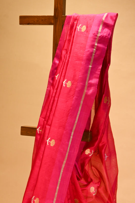RANI PINK CHANDERI HANDWOVEN SILK SAREE