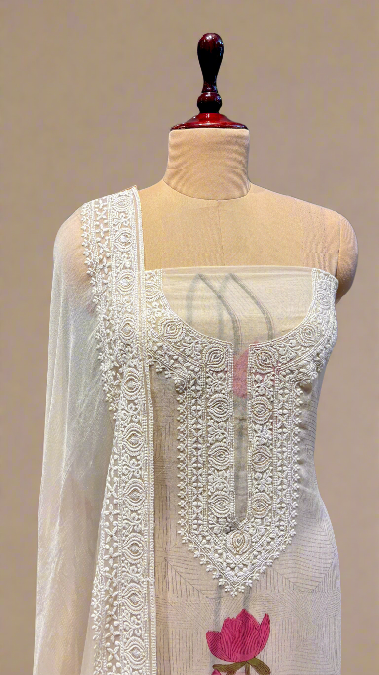 IVORY GEORGETTE SELF-RESHAM EMBROIDERED UNSTITCHED SUIT WITH PINK LOTUS PRINT