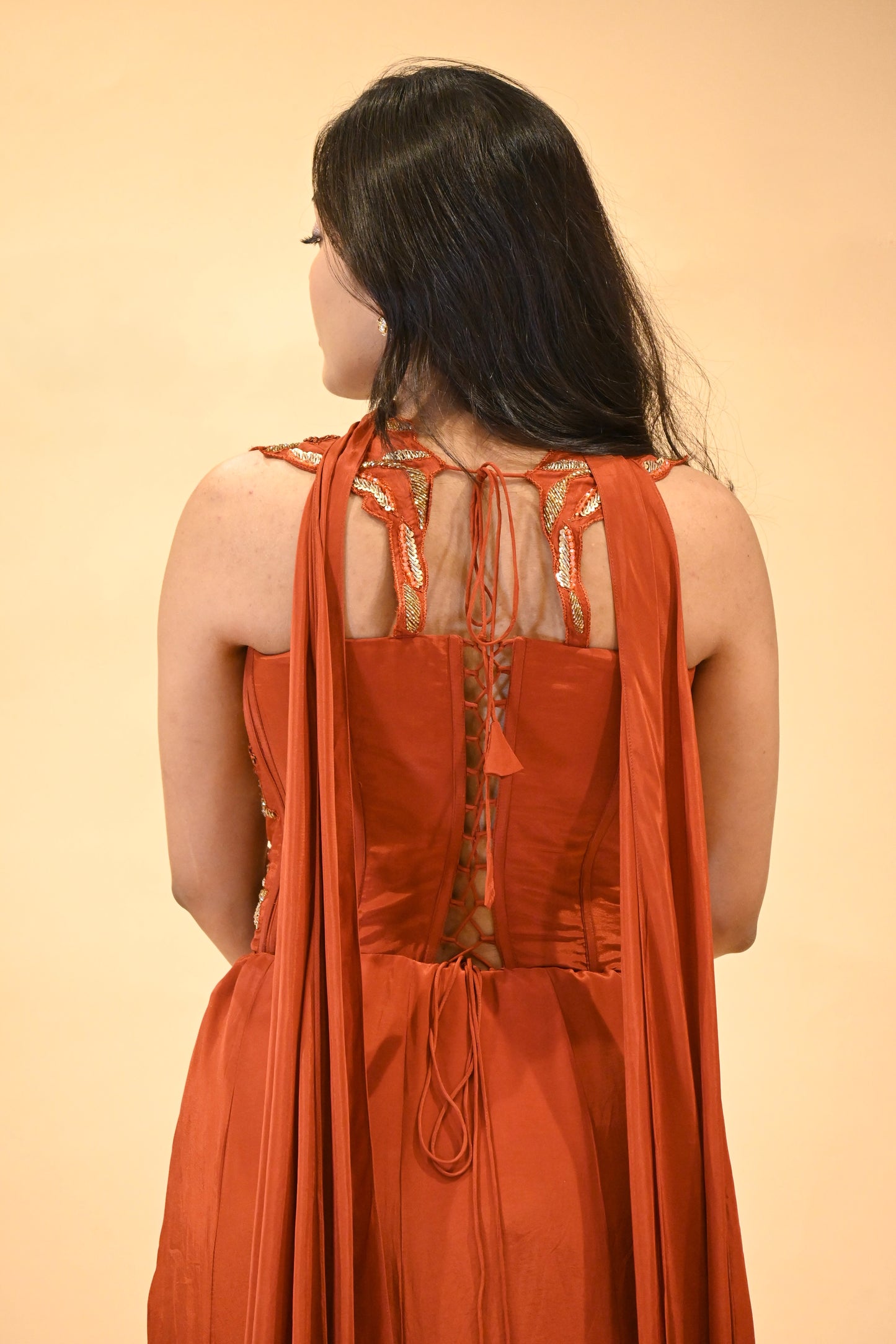 RUST-ORANGE EMBROIDERED CORSET TOP & FISH-CUT RUFFLED SKIRT SET