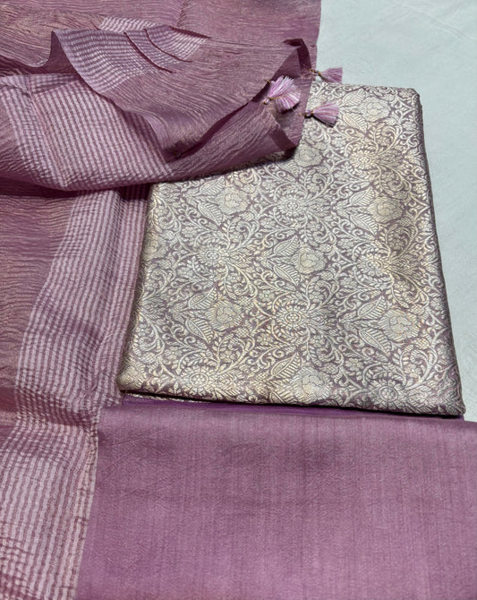 MAUVE PURE BROCADE UNSTITCHED SUIT WITH CRUSHED TISSUE DUPATTA &CHANDERI SILK BOTTOM