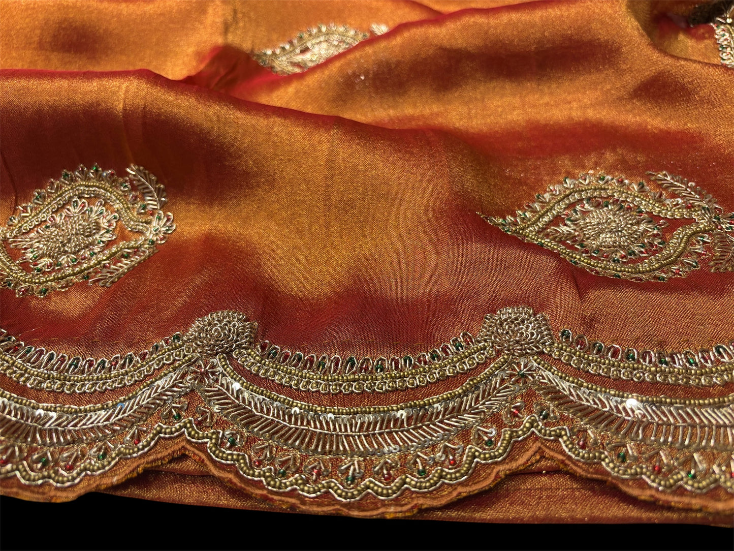MAROON TISSUE SAREE WITH ZARDOZI & BEADS EMBROIDERY