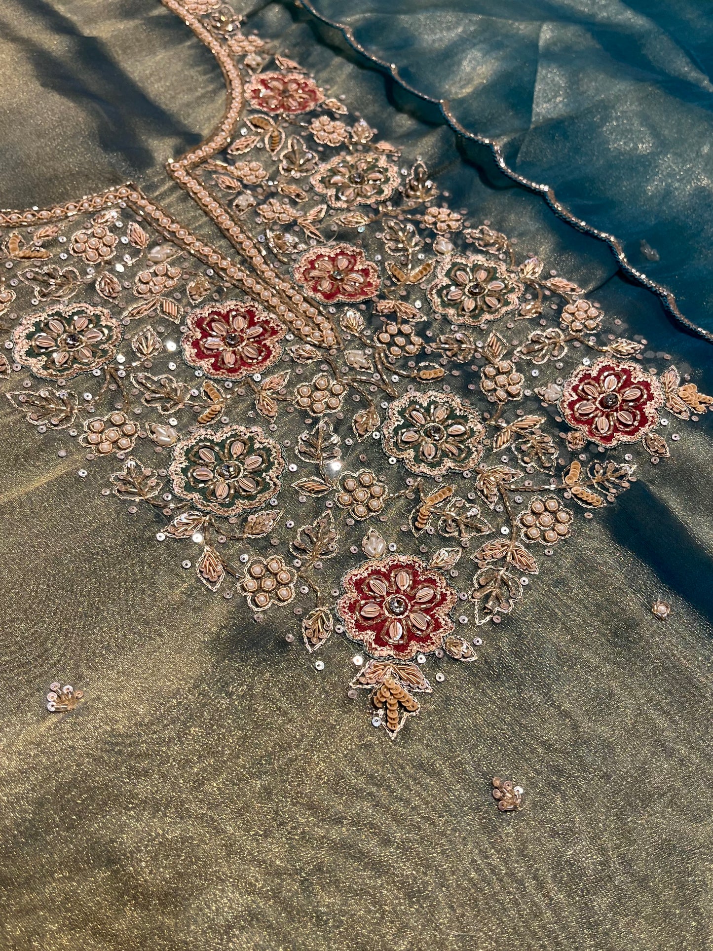 TEAL COLOUR TISSUE UNSTITCHED SUIT SET EMBELLISHED WITH CUTDANA & SEQUINS WORK (DELIVERY IN 20 DAYS)