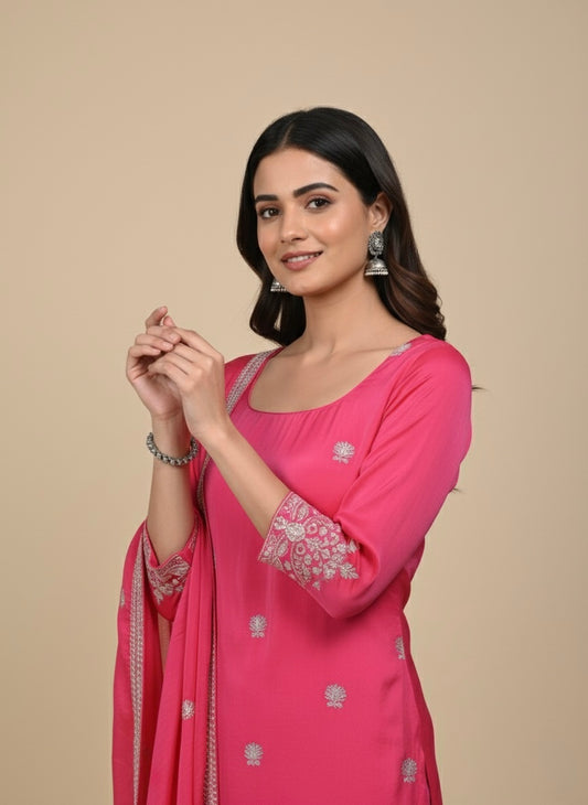 PINK PLANT BASED SILK EMBROIDERED UNSTITCHED SUIT