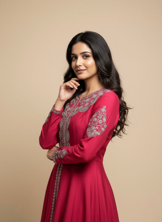 FUCHSIA PINK PURE RAW SILK ZARDOZI WORK EMBELLISHED INDO-WESTERN DRESS WITH FRONT-OPEN KURTA AND PALAZZO PANTS