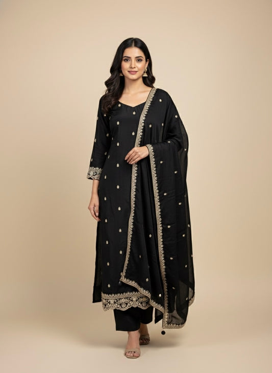 BLACK PLANT BASED SILK EMBROIDERED UNSTITCHED SUIT