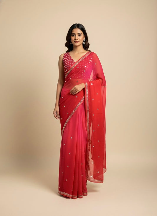 RED & PINK SHADED CHIFFON SAREE EMBELLISHED WITH FOIL MIRROR WORK - Kothari Sons