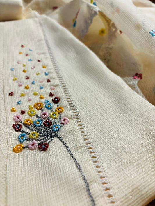 (Delivery in 20 days) Ivory colour kota doria unstitched suit