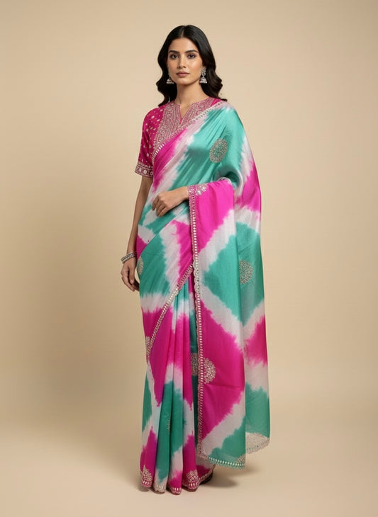 PURE SILK TIE-DYE SAREE WITH READYMDE BLOUSE EMBELLISHED WITH GOTA PATTI WORK - Kothari Sons